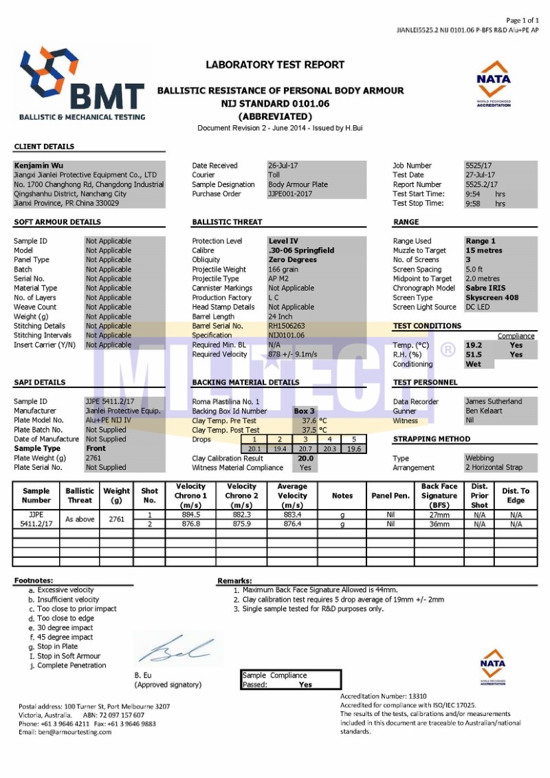Alumina Ballistic Plate BMT NIJ IV 0101.06 Test Report